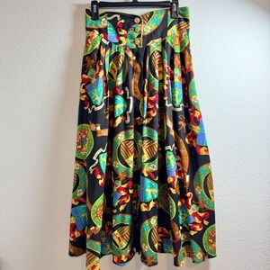 Carol Anderson Vintage Heraldic Crest Print Midi Skirt Black Gold Button USA M